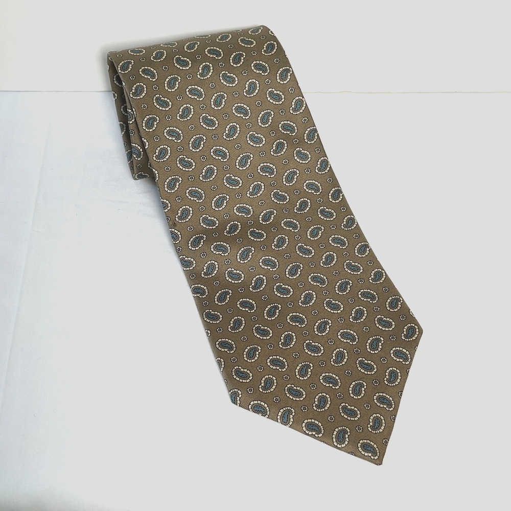 Oscar De La Renta Neckwear Couture Collection Tie Tan Blue Paisley Silk Luxury